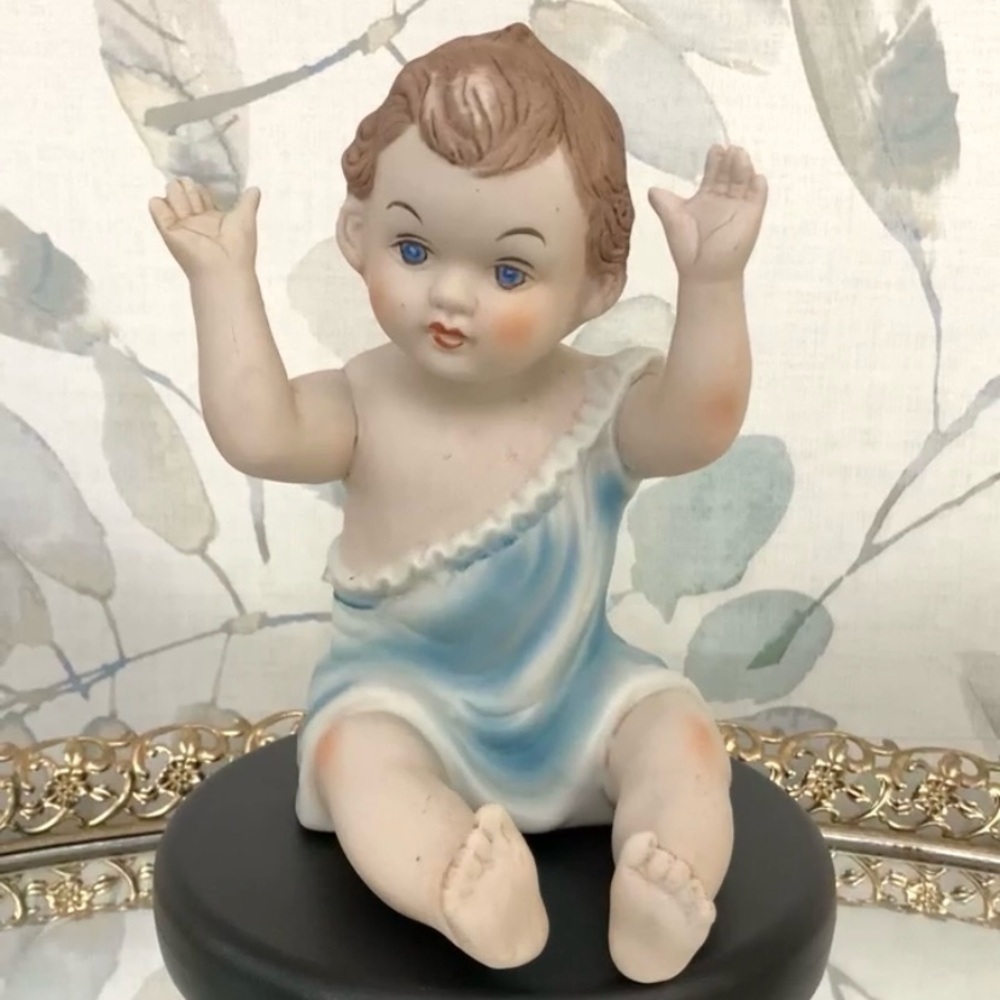 #23 Vintage Large Piano Baby Boy Porcelain Bisque Figurine Blue Eyes Brown Hair